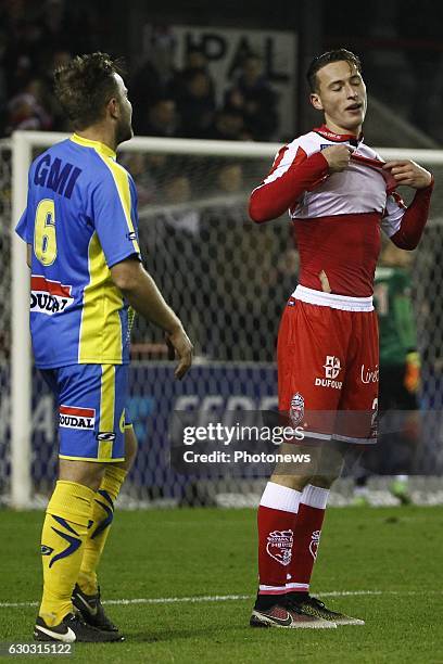 Robin Henkens midfielder of KVC Westerlo and Mergim Vojvoda defender of Royal Excel Mouscron looks dejected on the final whistle after the Jupiler...