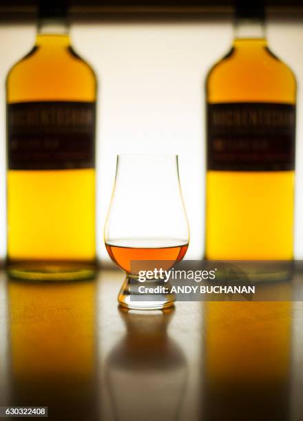 Picture shows a glass of Single Malt whisky produced at the Auchentoshan Distillery, a Single Malt whisky distillery, on the outskirts of Glasgow on...