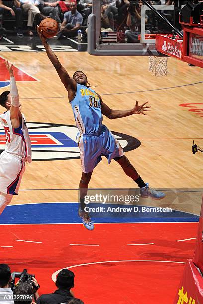 Kenneth Faried of the Denver Nuggets goes for the rebound during the game against the Los Angeles Clippers on December 20, 2016 at STAPLES Center in...