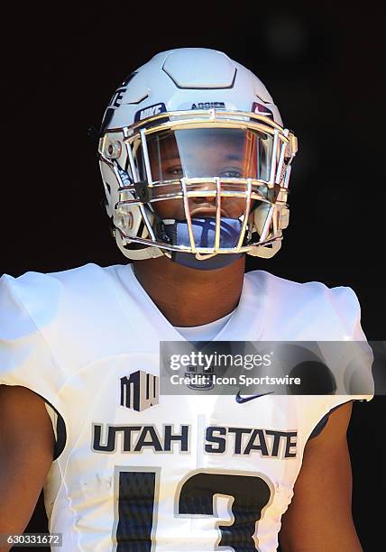 Utah State Aggies cornerback Jalen Davis heads for the field before a game against the USC Trojans played at the Los Angeles Memorial Coliseum in Los...