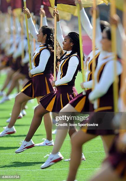 Trojans marching band takes the field before a game against the Utah State Aggies played at the Los Angeles Memorial Coliseum in Los Angeles, CA.