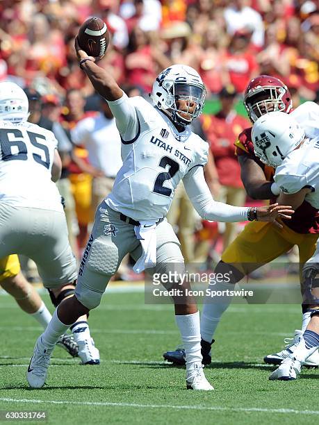 Utah State Aggies quarterback Kent Myers in action during the second quarter of a game against the USC Trojans played at the Los Angeles Memorial...