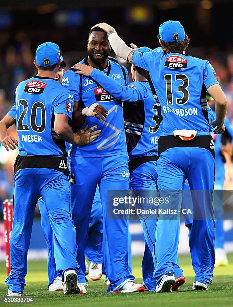 Kieron Pollard of the Adelaide Strikers reacrts after taking a wicket during the Big Bash League match between the Adelaide Strikers and Brisbane...