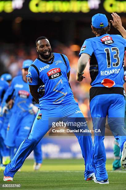 Kieron Pollard of the Adelaide Strikers reacrts after taking a wicket during the Big Bash League match between the Adelaide Strikers and Brisbane...