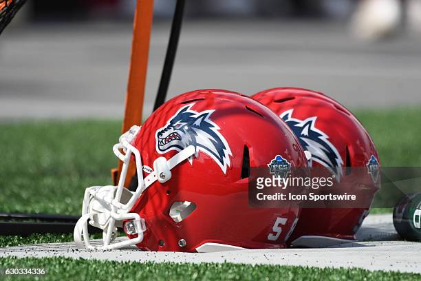 Stony Brook helmets during a NCAA Football game between Stony Brook Seawolves and the Temple Owls at Lincoln Financial Field in Philadelphia, PA.