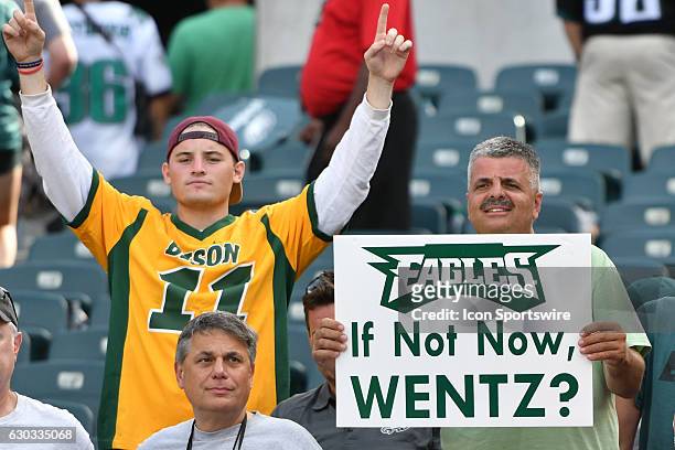 Eagle fans hold sign for Philadelphia Eagles Quarterback Carson Wentz [21352] during a National Football League game between the Cleveland Browns and...