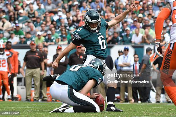 Philadelphia Eagles Place Kicker Caleb Sturgis [18914] makes the extra point during a National Football League game between the Cleveland Browns and...