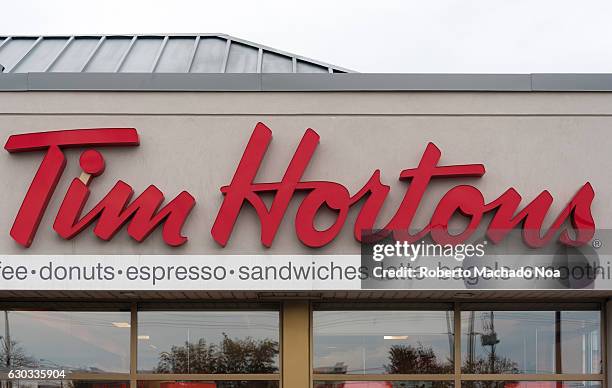 Entrance of Tim Hortons, a multinational fast food restaurant based in Canada. Famous for its coffee and doughnuts.