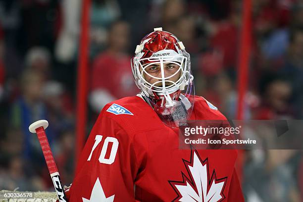 Braden Holtby during the warmup before a game between Team Canada and Team USA during World Cup of Hockey Pre-Tournament action at Canadian Tire...