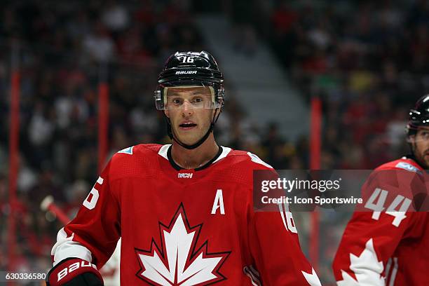 Jonathan Toews during a game between Team Canada and Team USA during World Cup of Hockey Pre-Tournament action at Canadian Tire Centre in Ottawa, On.