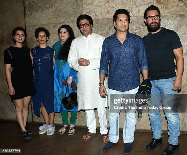 Fatima Sana Shaikh, Sanya Malhotra, Maharashtra Navnirman Sena president Raj Thackeray with his wife Sharmila Thackeray, former cricket player Sachin...