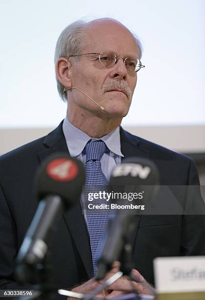 Stefan Ingves, governor of Sweden's central bank, also known as the Riksbank, speaks during a news conference to announce the interest rate decision...