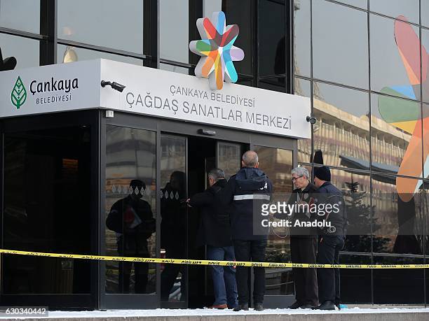 Member of Russian investigators inspects the scene of Karlov murder at the Contemporary Arts Center in Cankaya in Ankara, Turkey on December 21,...