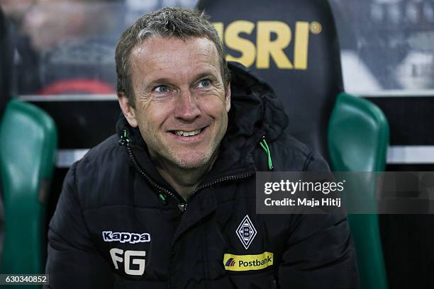 Frank Geideck, assistant coach of Moenchengladbach looks on prior to the Bundesliga match between Borussia Moenchengladbach and VfL Wolfsburg at...