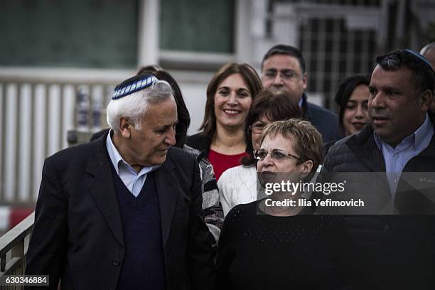 Former Israeli president Moshe Katsav walks out of Yeshayahu prison on December 21, 2016 in Ramle, Israel. The former Israeli president was pardoned...
