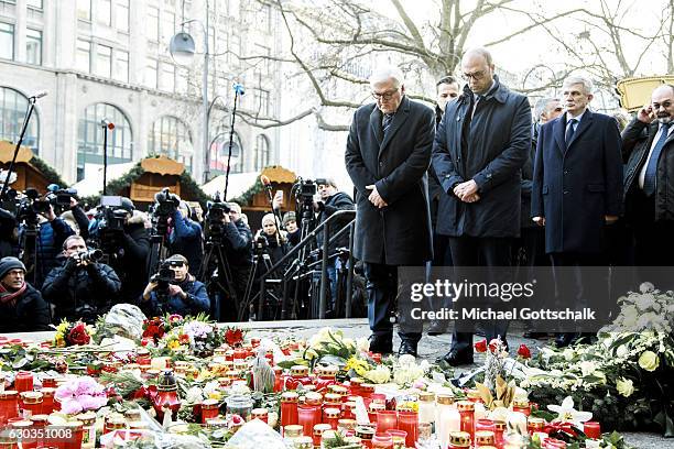 German Foreign Minister Frank-Walter Steinmeier and Italian Minister of Foreign Affairs Angelino Alfano visit a makeshift memorial of flowers and...