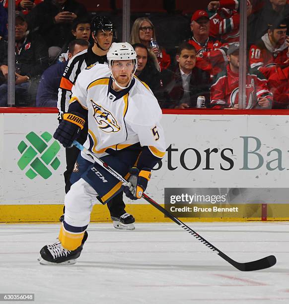 Adam Pardy of the Nashville Predators skates against the New Jersey Devils at the Prudential Center on December 20, 2016 in Newark, New Jersey. The...