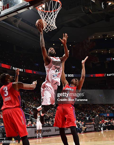 Leslie of the Raptors 905 drives to the basket against the Grand Rapids Drive on December 20 at the Air Canada Centre in Toronto, Ontario, Canada....