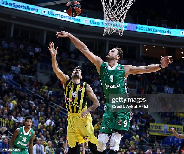 Kostas Sloukas, #16 of Fenerbahce Istanbul competes with Semih Erden, #9 of Darussafaka Dogus Istanbul during the 2016/2017 Turkish Airlines...