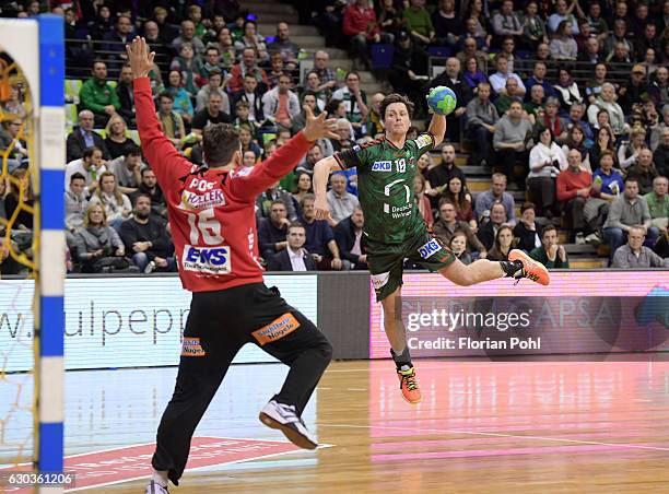 Primoz Prost of Frisch Auf Goeppingen and Hans Lindberg of Fuechse Berlin during the game between Fuechse Berlin and Frisch Auf Goeppingen on...