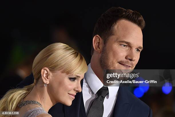 Actors Anna Faris and Chris Pratt arrive at the premiere of Columbia Pictures' 'Passengers' at Regency Village Theatre on December 14, 2016 in...