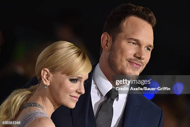Actors Anna Faris and Chris Pratt arrive at the premiere of Columbia Pictures' 'Passengers' at Regency Village Theatre on December 14, 2016 in...