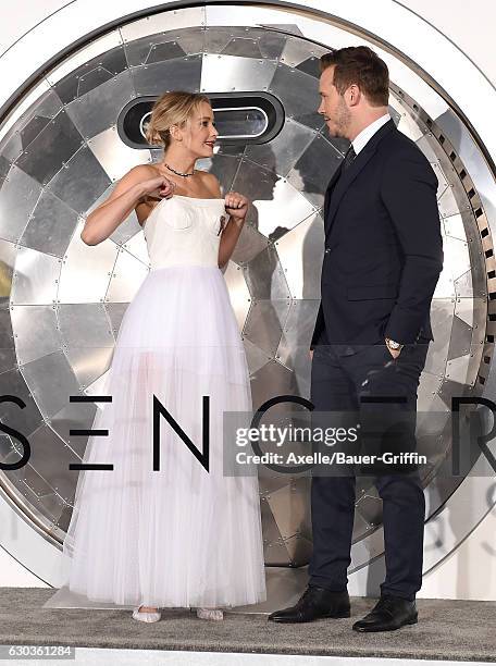 Actors Jennifer Lawrence and Chris Pratt arrive at the premiere of Columbia Pictures' 'Passengers' at Regency Village Theatre on December 14, 2016 in...