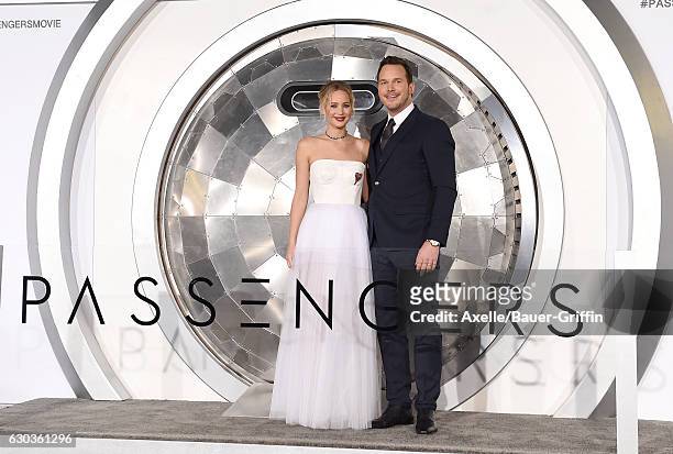 Actors Jennifer Lawrence and Chris Pratt arrive at the premiere of Columbia Pictures' 'Passengers' at Regency Village Theatre on December 14, 2016 in...