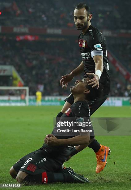 Wendell of Bayer Leverkusen celebrates after scoring his teams first goal during the Bundesliga match between 1. FC Koeln and Bayer 04 Leverkusen at...