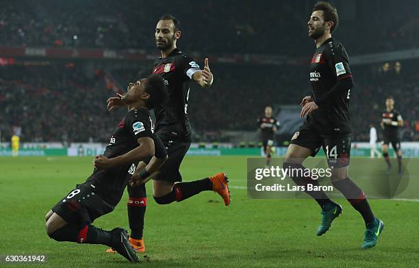 Wendell of Bayer Leverkusen celebrates after scoring his teams first goal during the Bundesliga match between 1. FC Koeln and Bayer 04 Leverkusen at...