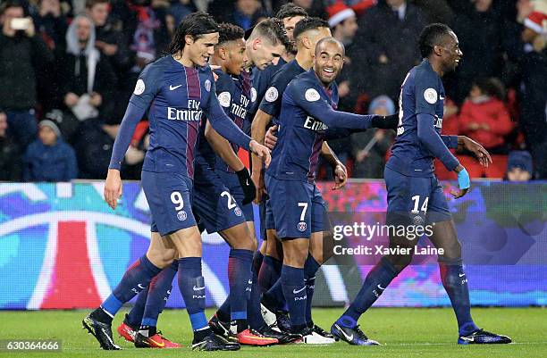 Thomas Meunier of Paris Saint-Germain celebrates his goal with teammates during the French Ligue 1 match between Paris Saint-Germain and FC Lorient...