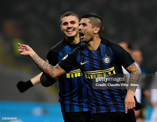 Ever Banega of FC Internazionale celebrates after scoring the opening goal during the Serie A match between FC Internazionale and SS Lazio at Stadio...