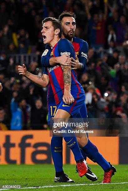 Lucas Digne of FC Barcelona celebrates with his team mate Paco Alcacer after scoring his team's first goal during the Copa del Rey round of 32 second...