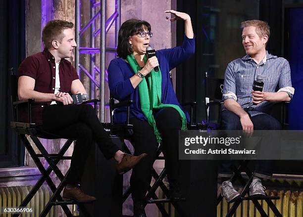 Playbill Digital Correspondent Tyler Mount, actress Christine Pedi and actor Anthony Rapp attend Build Presents Anthony Rapp, Tyler Mount & Christine...