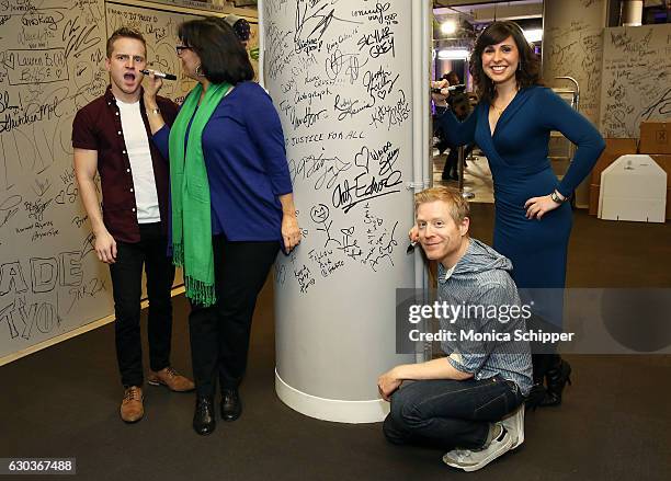 Tyler Mount, Christine Pedi, Anthony Rapp and Ruthie Fierberg sign the wall at AOL HQ when they visit for Build Presents Anthony Rapp, Tyler Mount &...