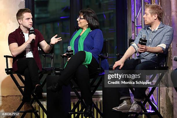 Tyler Mount, Christine Pedi and Anthony Rapp speak on stage at Build Presents Anthony Rapp, Tyler Mount & Christine Pedi & Playbill Discussing...