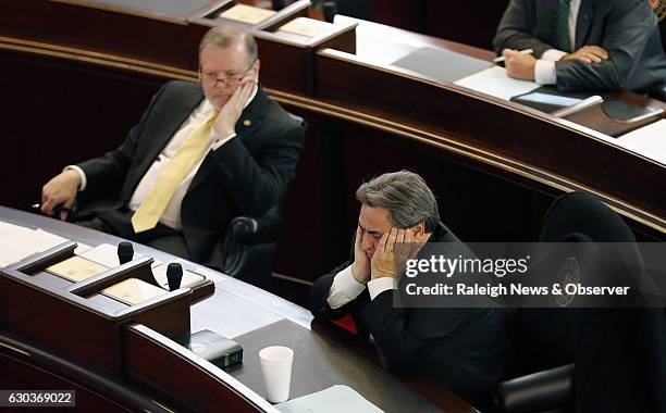 Senate Pro-Tem Phil Berger , left, and Sen. Bob Rucho , bottom right, listen as a bill to repeal HB2 is discussed on the Senate floor as the N.C....