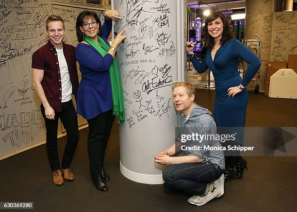 Tyler Mount, Christine Pedi, Anthony Rapp and Ruthie Fierberg sign the wall at AOL HQ when they visit for Build Presents Anthony Rapp, Tyler Mount &...