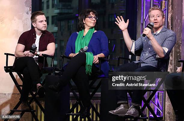 Playbill Digital Correspondent Tyler Mount, actress Christine Pedi and actor Anthony Rapp attend Build Presents Anthony Rapp, Tyler Mount & Christine...