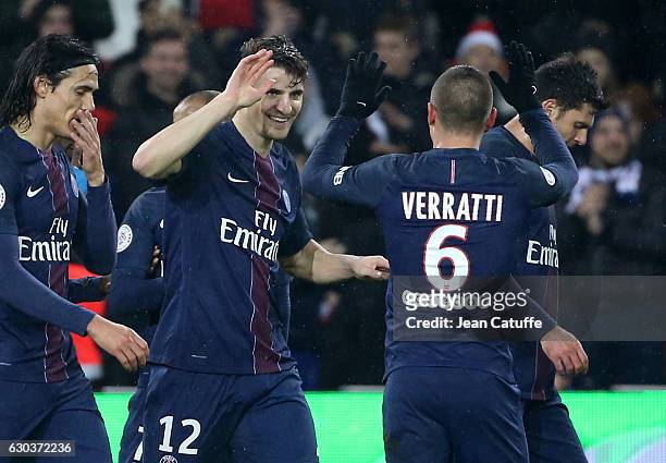 Thomas Meunier of PSG celebrates his goal with Marco Verratti during the French Ligue 1 match between Paris Saint-Germain and FC Lorient at Parc des...