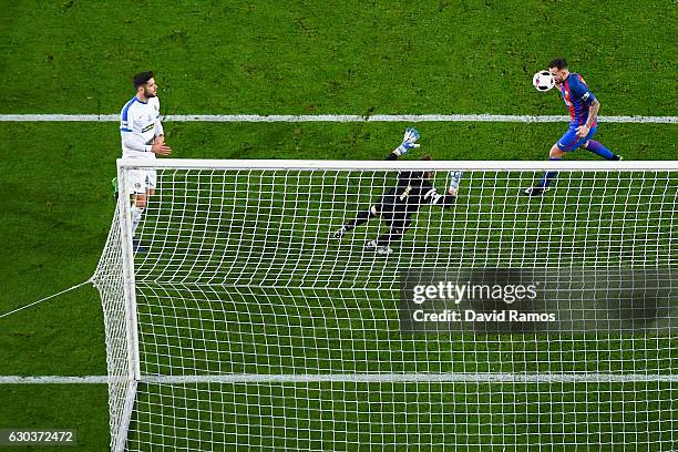 Paco Alcacer of FC Barcelona scores his team's fifth goal during the Copa del Rey round of 32 second leg match between FC Barcelona and Hercules at...