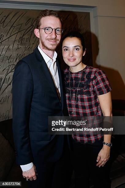 Ludovic Watine and actress Isabelle Vitari pose Backstage after the triumph of the "Dany De Boon Des Hauts-De-France" Show at L'Olympia on December...