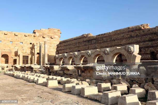 Partial view shows a part of the ancient Roman city of Leptis Magna in al-Khums, 130 kms east of the Libyan capital Tripoli, on December 18, 2016.