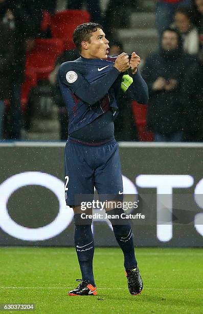 Thiago Silva of PSG celebrates his goal during the French Ligue 1 match between Paris Saint-Germain and FC Lorient at Parc des Princes stadium on...