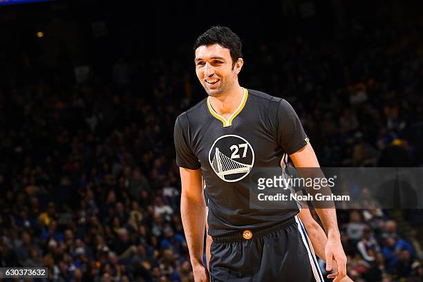 Zaza Pachulia of the Golden State Warriors looks on during the game against the Phoenix Suns on December 3, 2016 at ORACLE Arena in Oakland,...