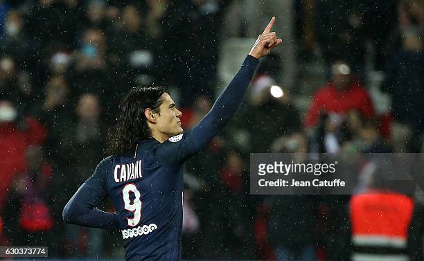 Edinson Cavani of PSG celebrates his goal on a penalty kick during the French Ligue 1 match between Paris Saint-Germain and FC Lorient at Parc des...
