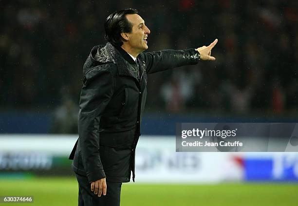 Coach of PSG Unai Emery gestures during the French Ligue 1 match between Paris Saint-Germain and FC Lorient at Parc des Princes stadium on December...