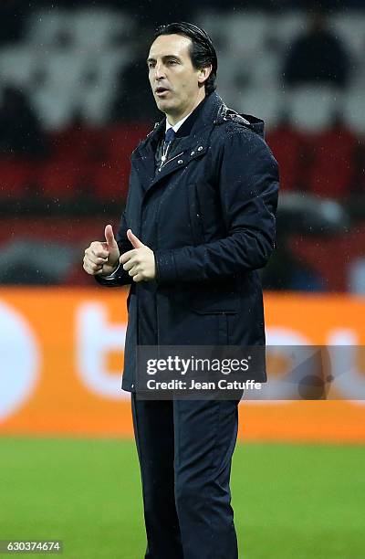 Coach of PSG Unai Emery gestures during the French Ligue 1 match between Paris Saint-Germain and FC Lorient at Parc des Princes stadium on December...