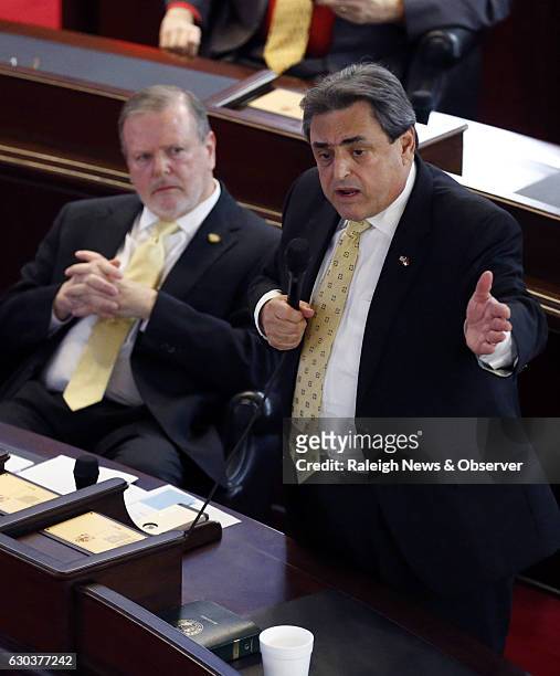 North Carolina Senate Pro-Tem Phil Berger, a Republican, left, listens as Republican Sen. Bob Rucho speaks on a bill to repeal HB2 on the Senate...