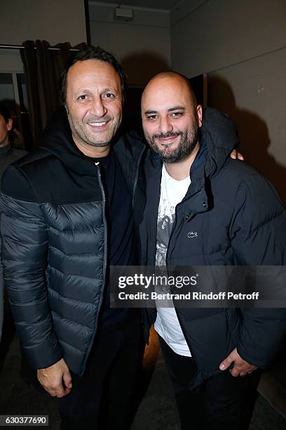 Arthur Essebag and Jerome Commandeur pose Backstage after the triumph of the "Dany De Boon Des Hauts-De-France" Show at L'Olympia on December 15,...